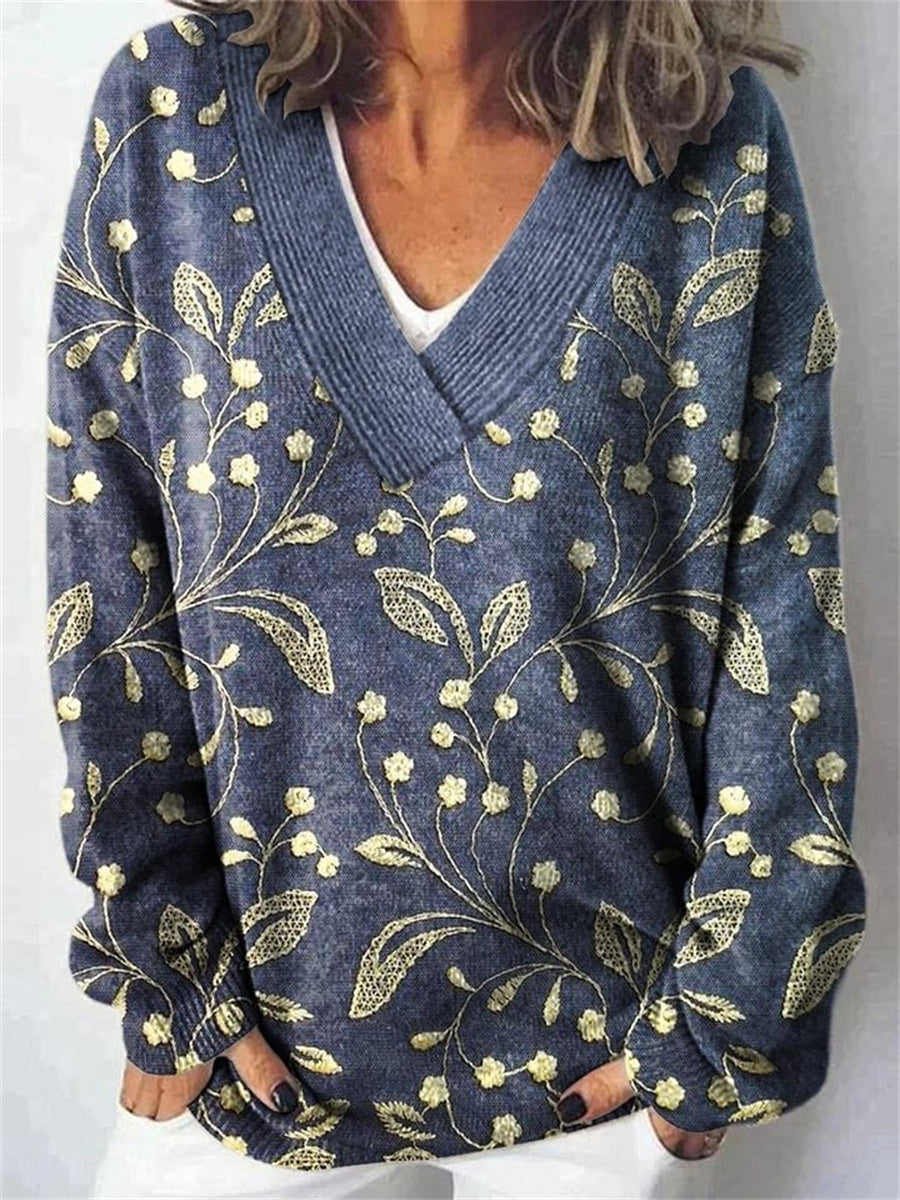 Vintage Floral Print V-Neck Long Sleeve Pullover Sweater