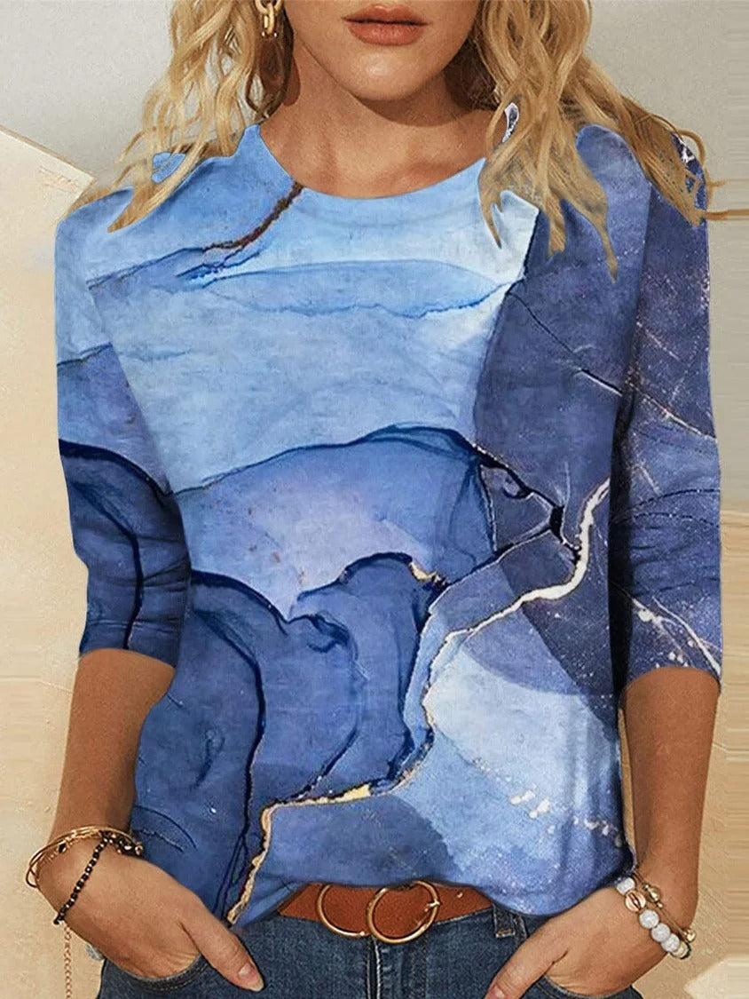 Blue Casual Round Neck Printed Long Sleeve Blouse