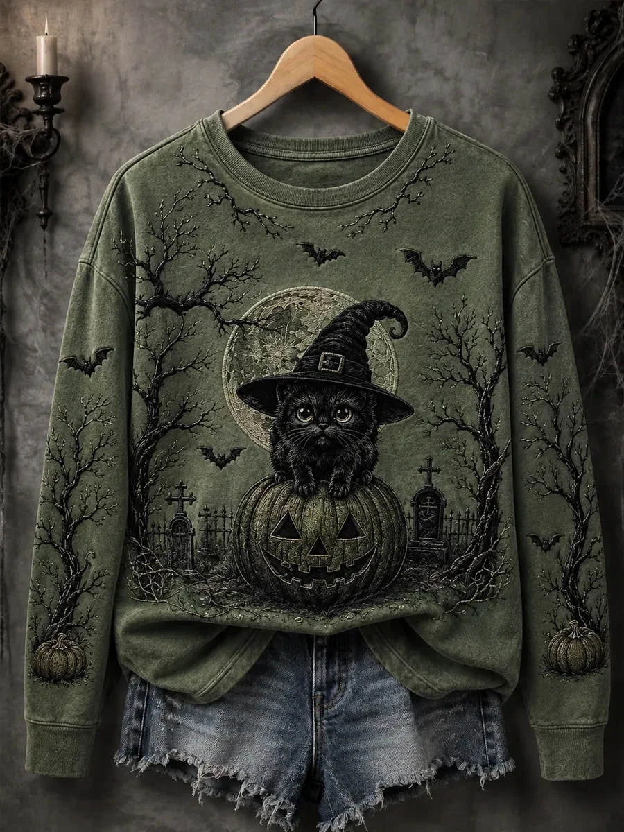 Casual Cat Crew Neck Long Sleeve Sweatshirt