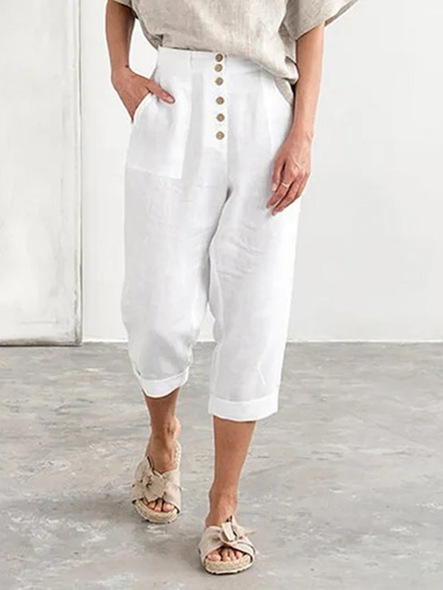 White Buttoned Pockets Cropped Pants