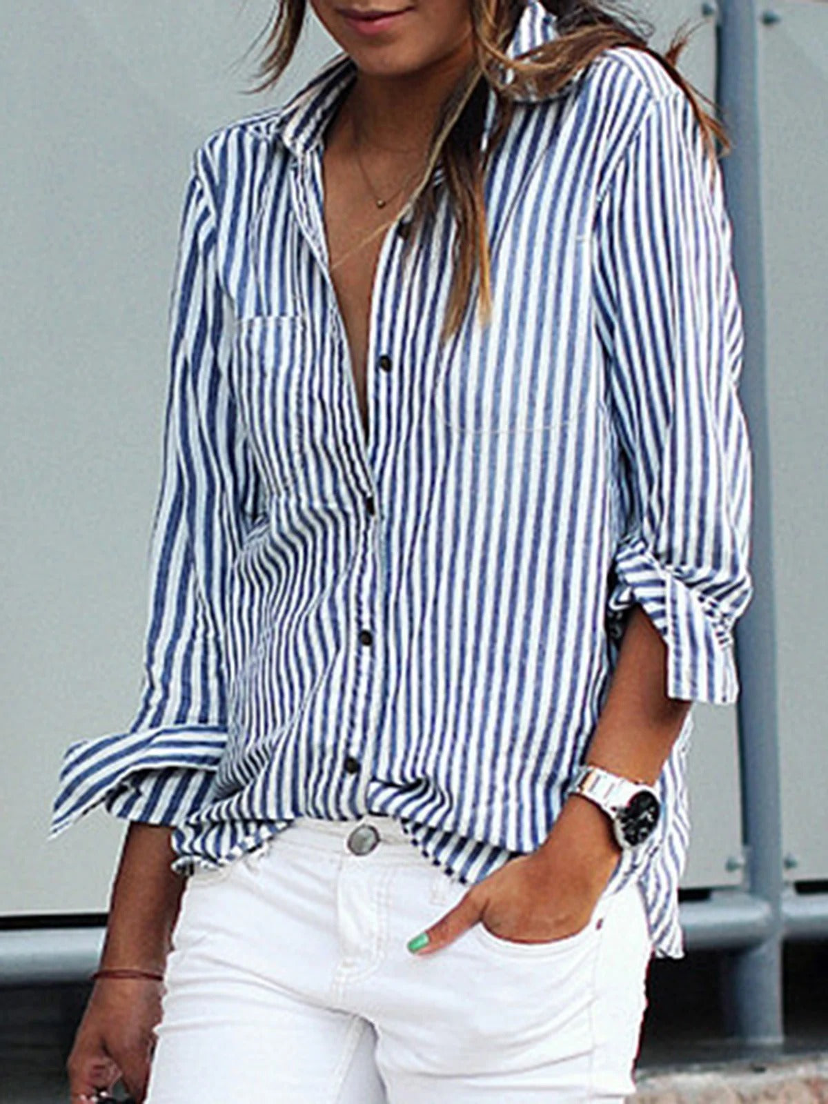 Blue Casual Stand Collar Stripe Long Sleeve Blouse