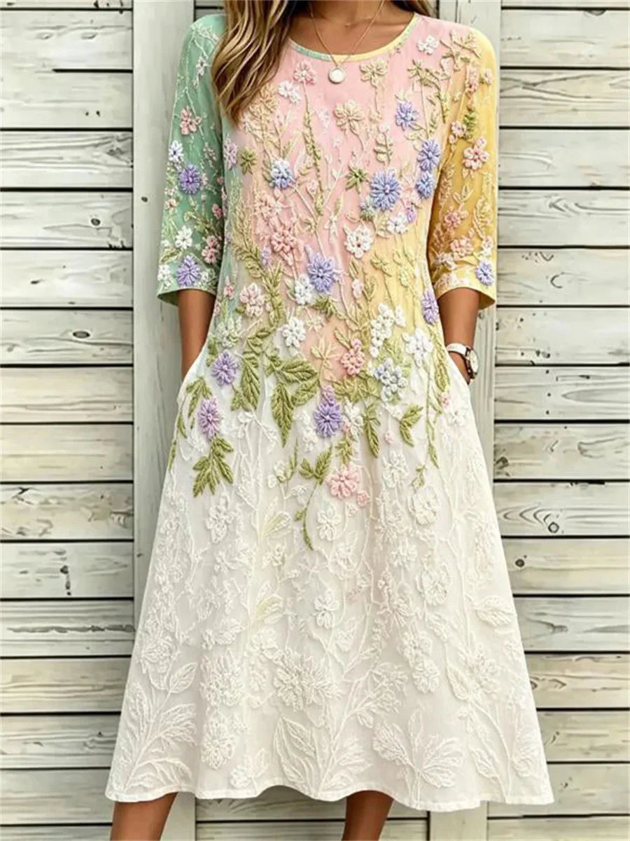 Casual Floral Print Round Neck 3/4 Sleeve Dress