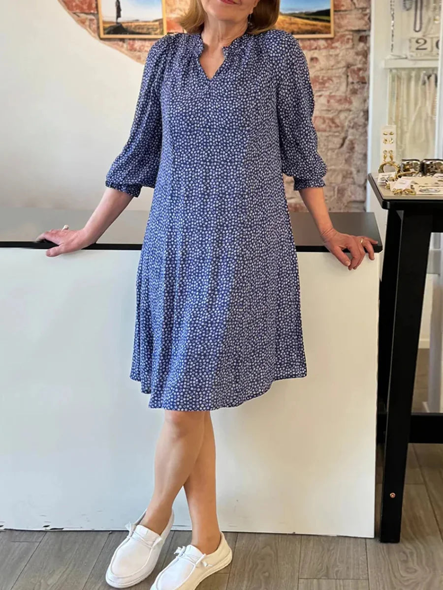 Ditsy Floral A-Line Casual V-neck 3/4 Sleeve Dress