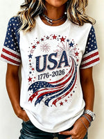 USA 1776-2026 Star Firework Print Round Neck Short Sleeve Raglan Tee