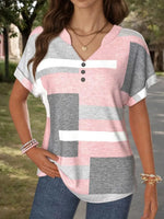 Casual Colour Block V-neck Short Sleeve Blouse