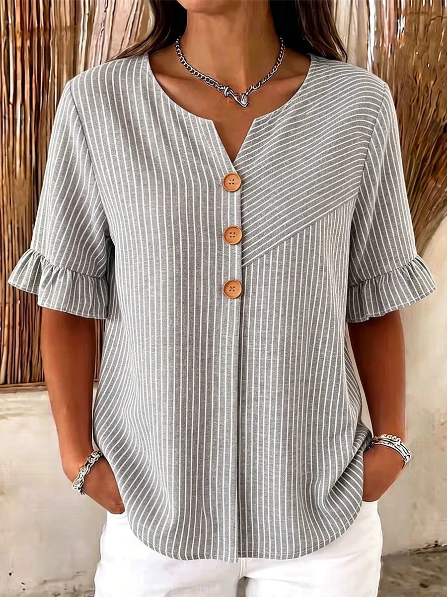 Grey Striped Ruffle Sleeve Button Detail Blouse