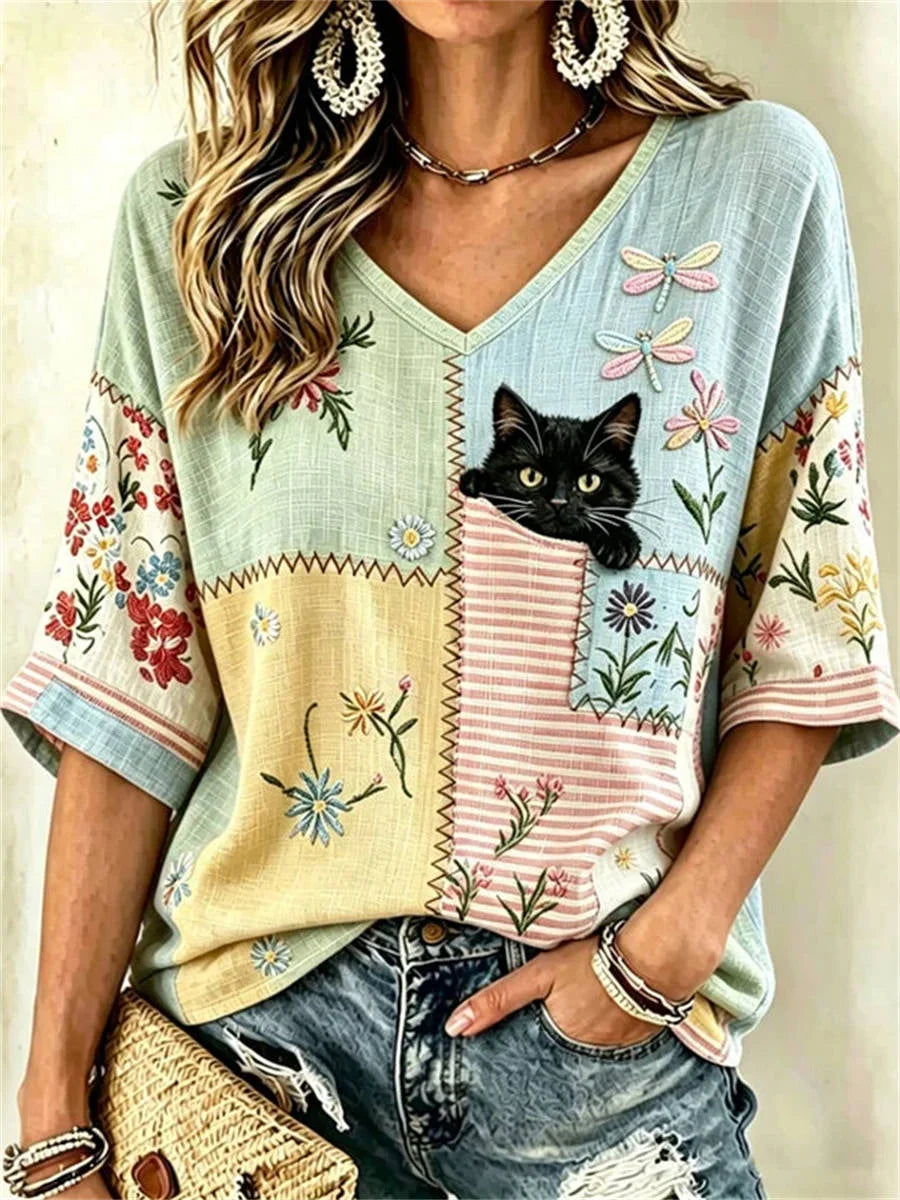 Vintage Floral Print V-neck 3/4 Sleeve Blouse