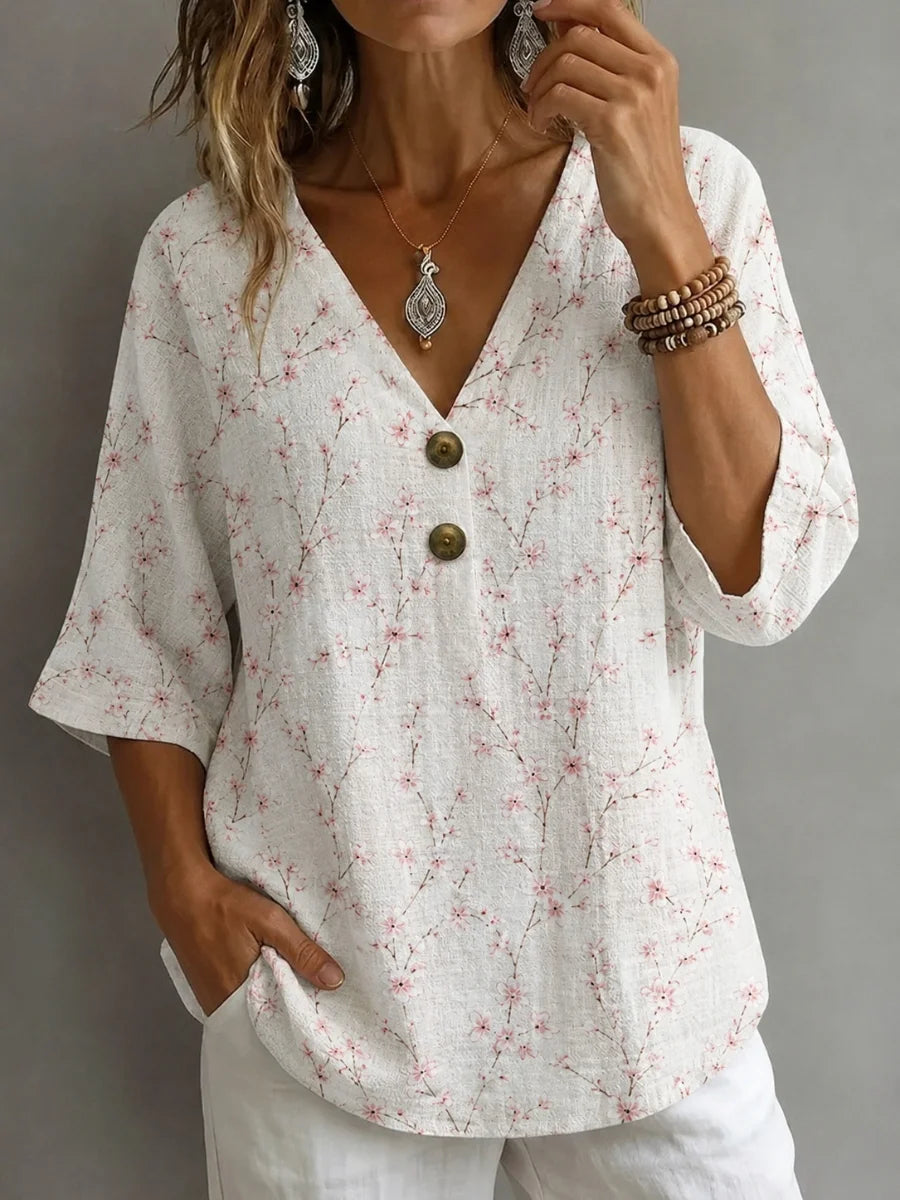 V Neck Half Sleeve Floral Regular Micro-Elasticity Loose Blouse