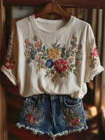 Vintage Floral Art Casual Round Neck Short Sleeve T-shirt