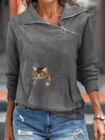 Gray Casual Graphic Tops Lapel Long Sleeve Cat Printed with Zipper Pockets Sweatshirts