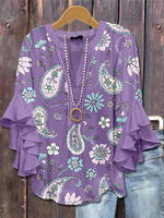Purple V-neck 3/4 Sleeve Paisley Print Top