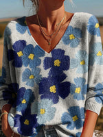 Popular Floral Print V-neck Long Sleeve Sweater