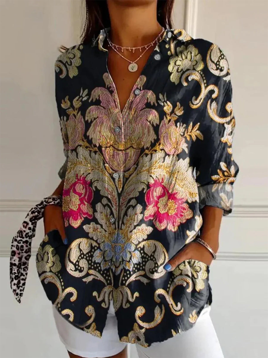 Ethnic Floral Art Printed Casual Long Sleeve Shirt