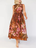 Vintage Brown Tropical Floral Sleeveless A-Line Midi Dress