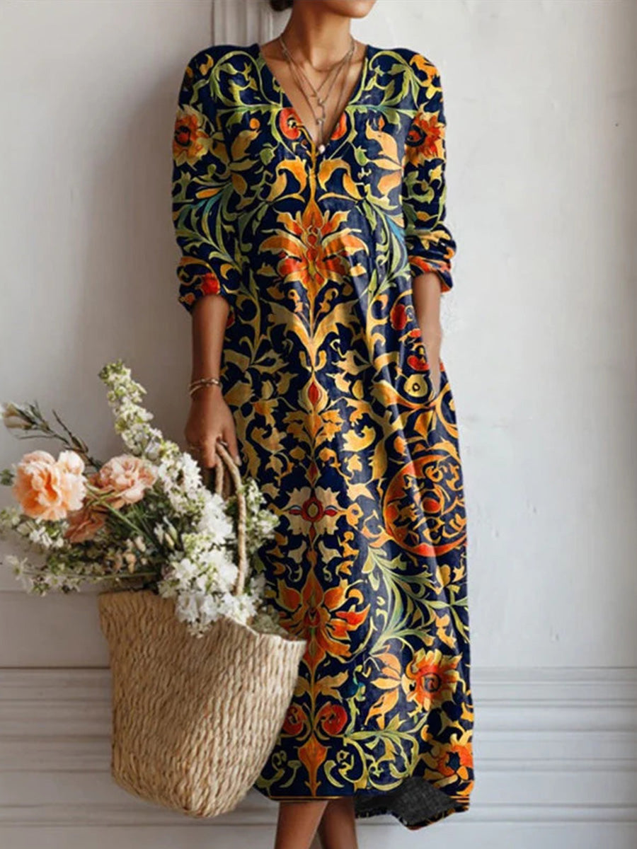 Vintage Ethnic Style V-neck Long Sleeve Dress