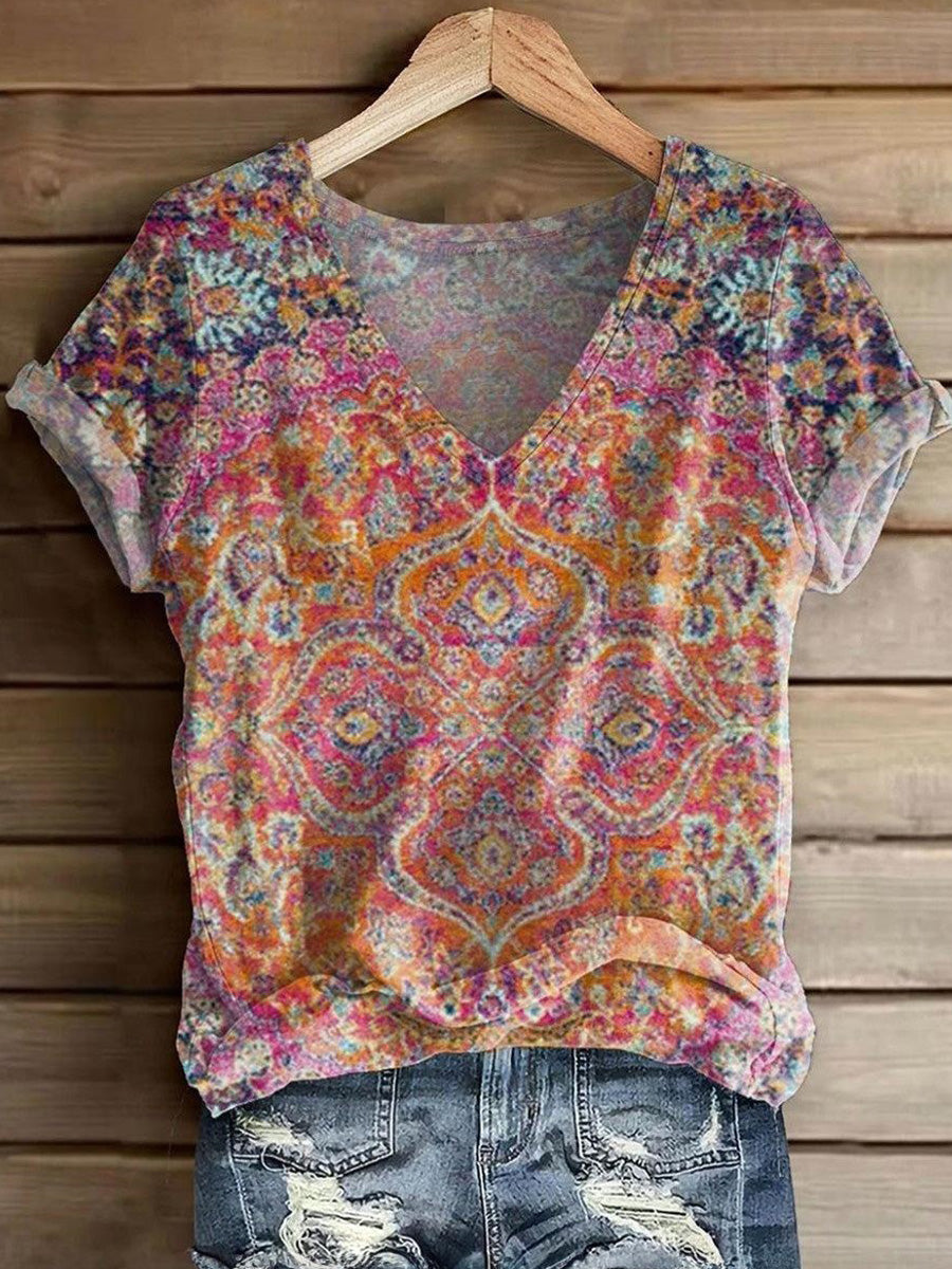 Retro V-Neck Short Sleeve Top