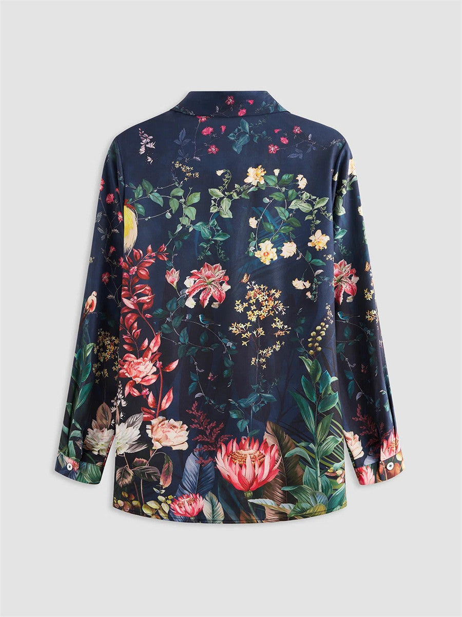 Women?ˉs Vintage Floral Print V Neck Button Long Sleeve Casual Blouse