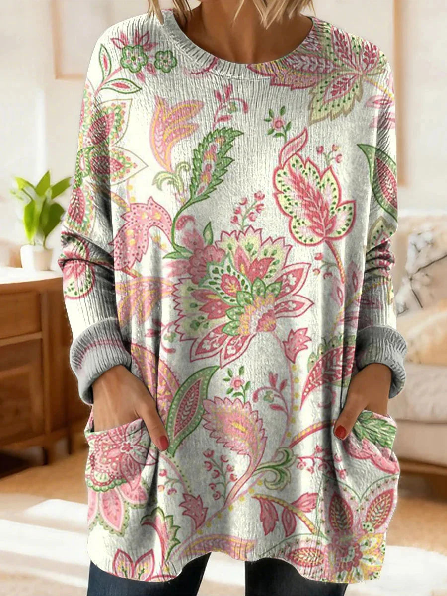 Women's Retro Floral Ethnic Art Print Casual Round Neck Long Sleeve Sweater