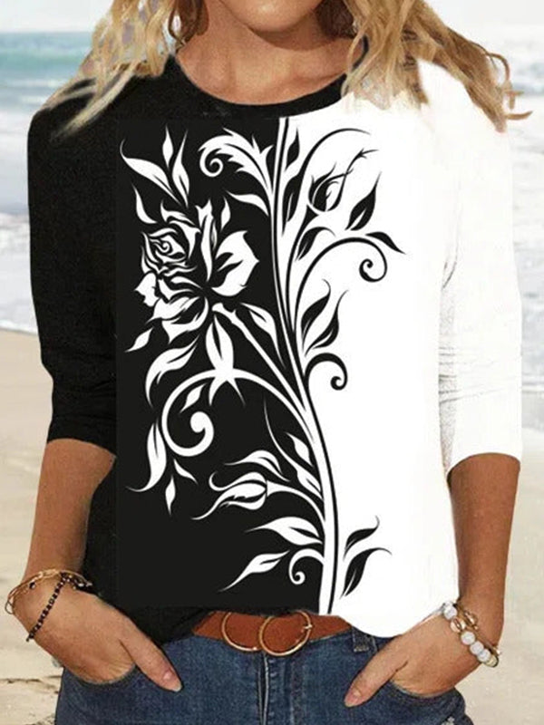 Casual Round Neck Long Sleeve Floral Printed Blouse