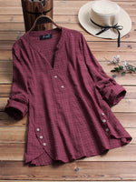 Vintage Plaid Side Button V-neck Long Sleeve Blouse