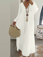 Casual V Neck Long Sleeve White Maxi Dress