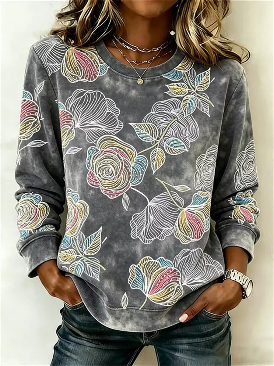 Casual Crew Neck Long Sleeve Floral Sweatshirt