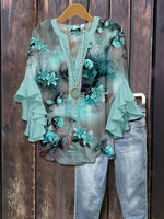 Vintage Floral Print V-neck Half Sleeve Blouse