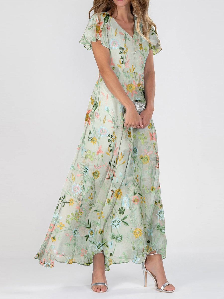 Women's Floral Chiffon V-Neck Flutter Sleeve Maxi Dress