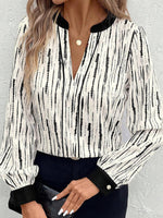 Chic White Abstract Print V-neck Long Sleeve Top