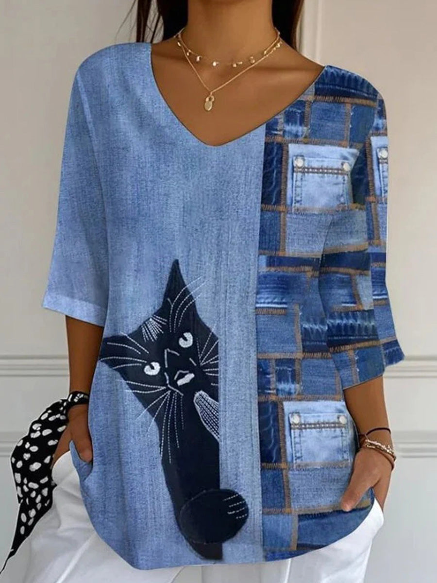 Vintage Cat Print V-neck 3/4 Sleeve Blouse
