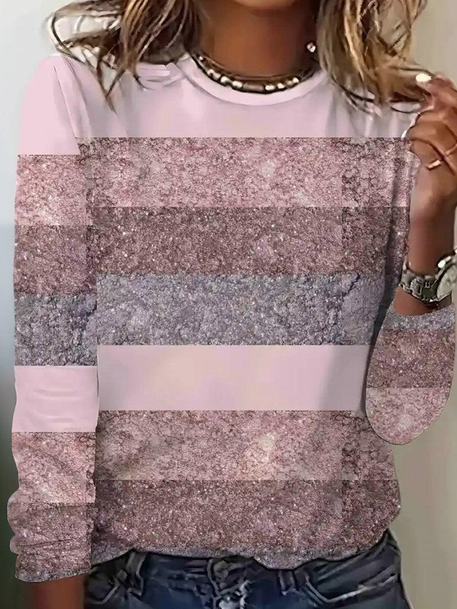 Sweet Color Block Print Round Neck Long Sleeve Top