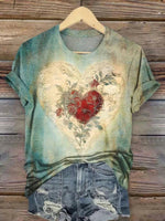 Vintage Heart Print Round Neck Short Sleeve T-Shirt