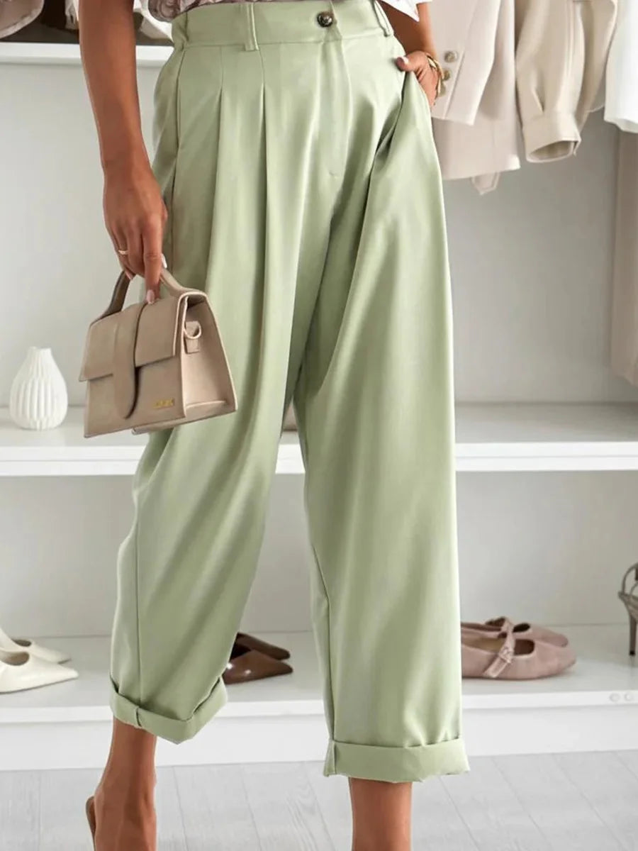 Green Pleated Wide-Leg Trousers