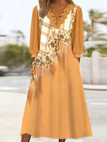 Women's Long Sleeve V-neck Floral Printed Lace Stitching Midi Dress