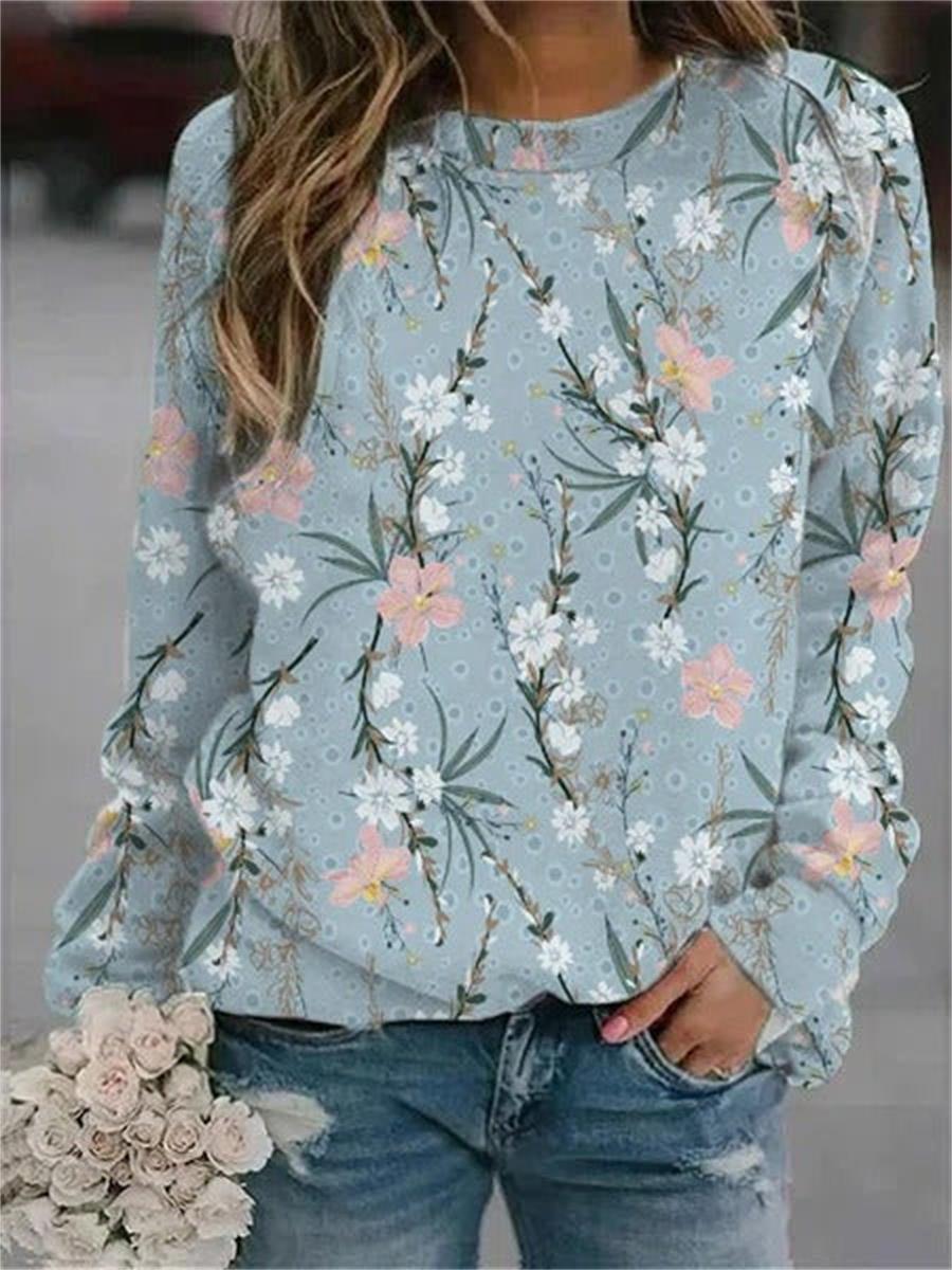 BlueCasual Graphic Tops Round Neck Floral Printed Long Sleeve Sweatshirt