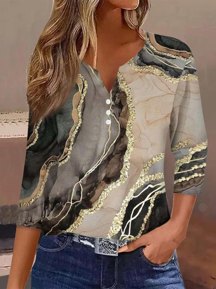 Vintage Gradient V Neck Long Sleeve Blouse