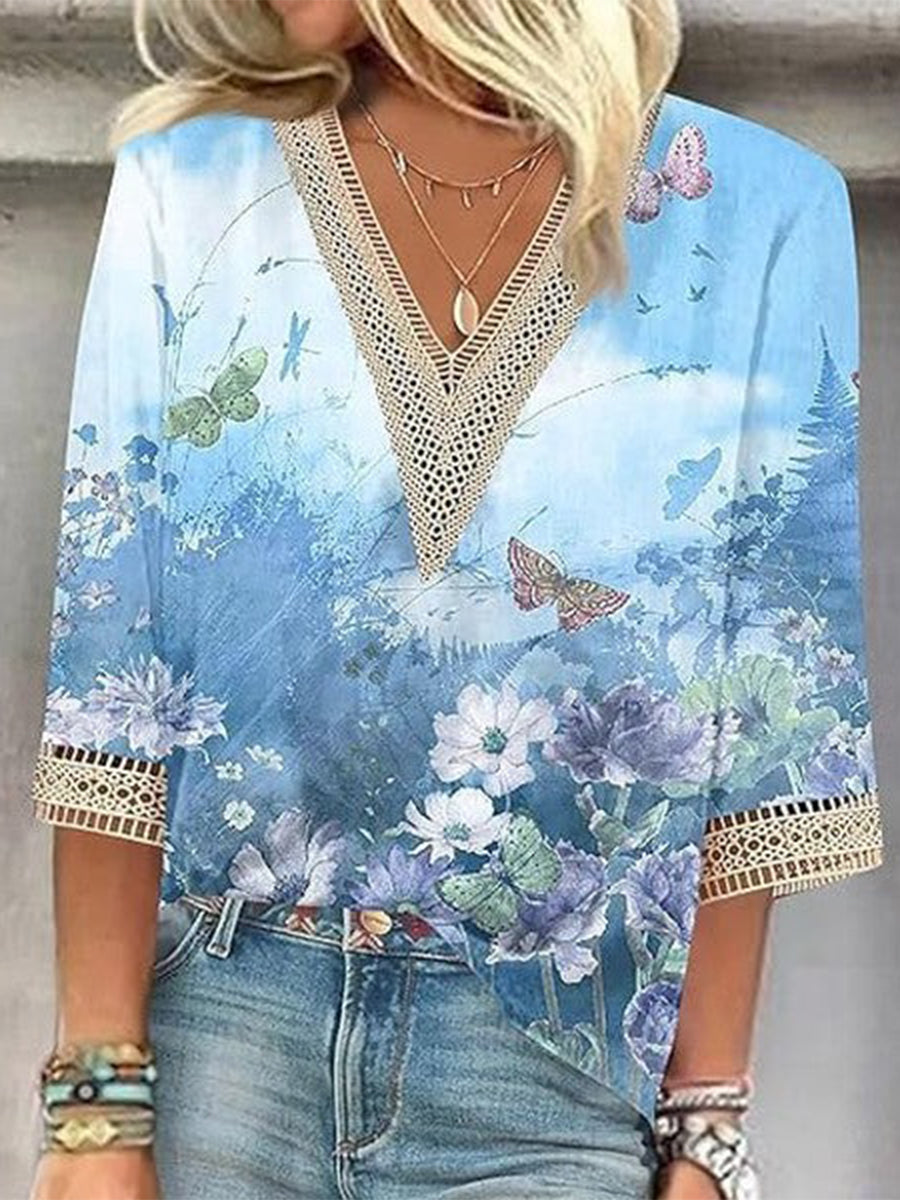 Romantic Printed Lace 3/4 Sleeve Blouse
