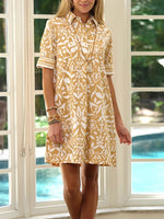 Gold Ikat Print Short Sleeve Shirt Dress
