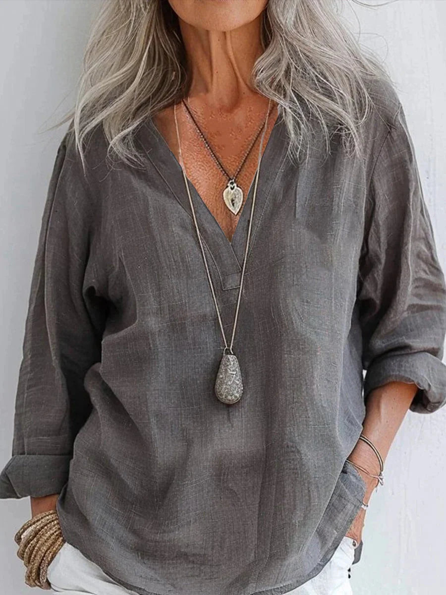 Vintage Casual V-neck Long Sleeve Shirt