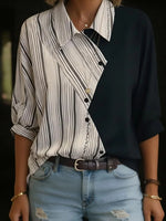 Asymmetric Color Block Stripe Roll-Sleeve Shirt