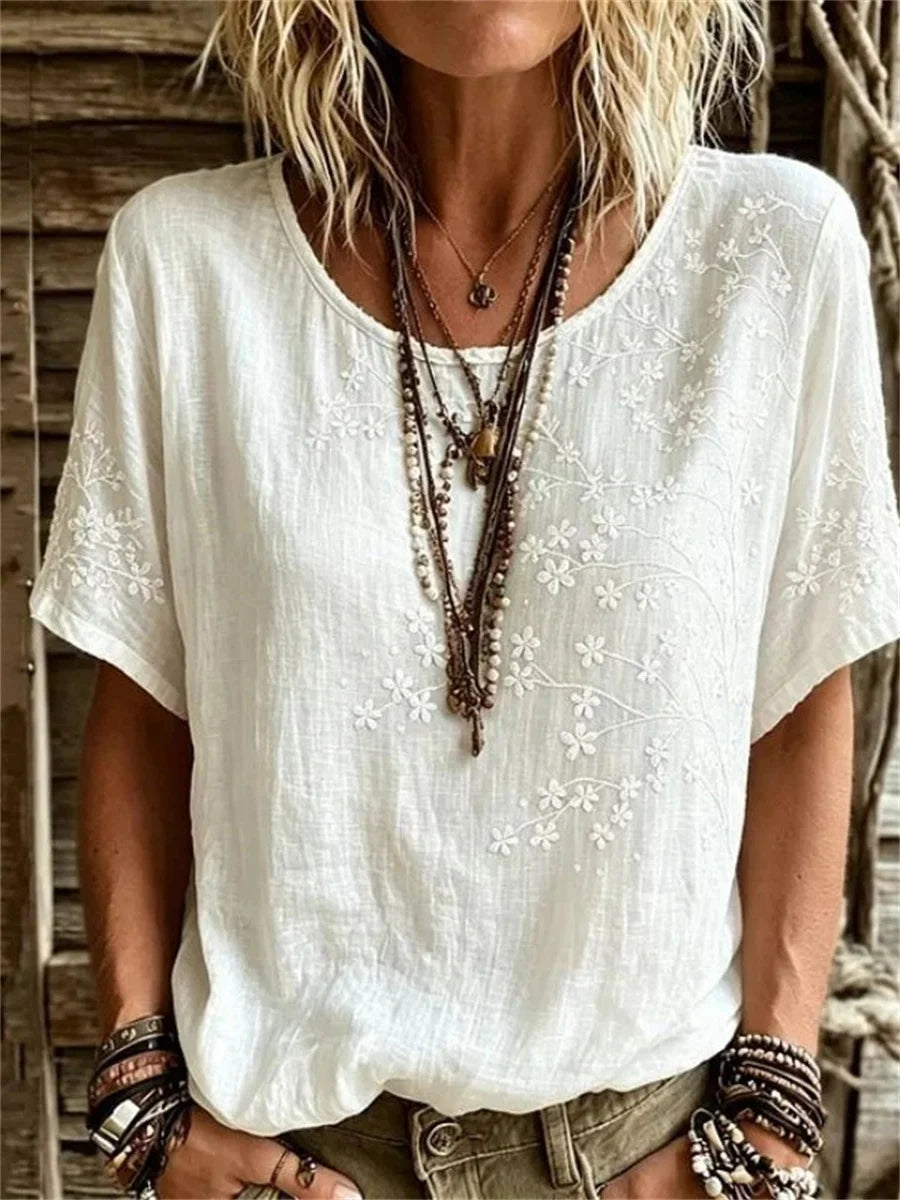Casual Floral Print Round Neck Short Sleeve T-Shirt