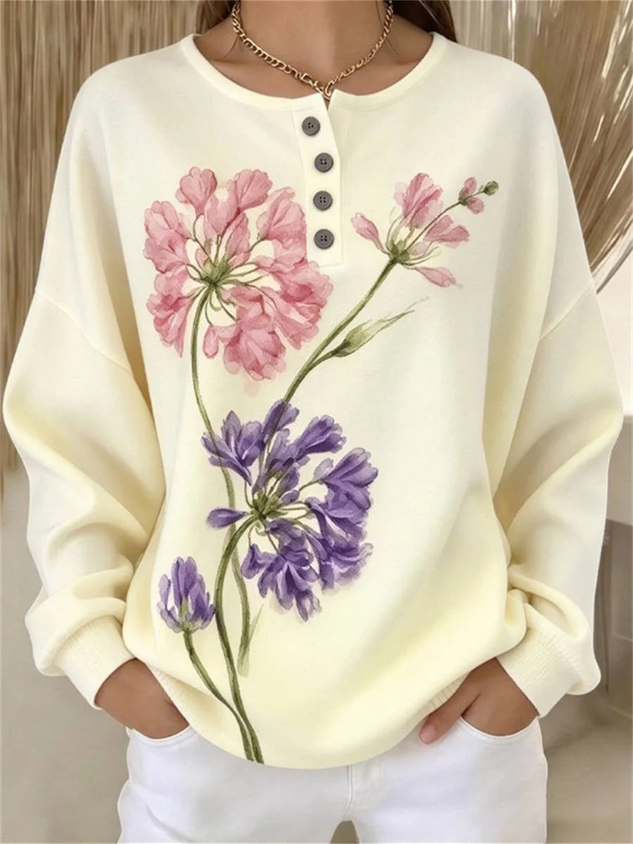 Casual Floral Henley Collar Long Sleeve Sweatshirt