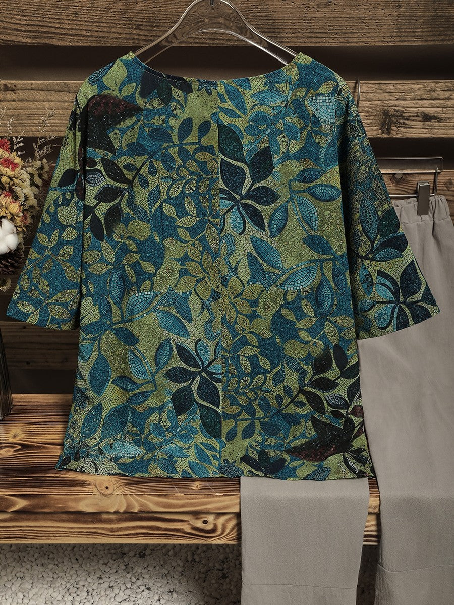 Women's Vintage Leaf Print Half Sleeve Loose Fit Casual Blouse