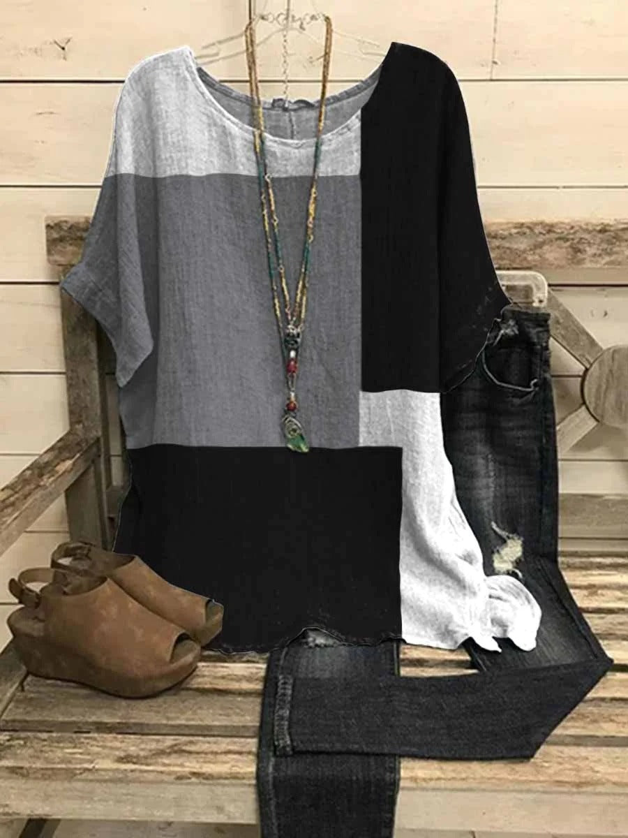 Colorful Casual Round Neck Colorblock Printed Short Sleeve Blouse