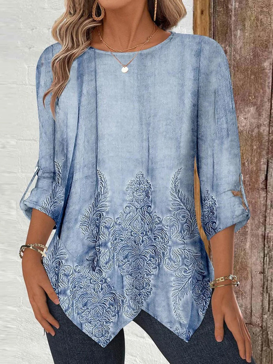 Women Long Sleeve Scoop Neck Floral Printed Graphic Asymmetrical Button Top
