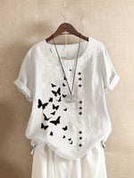Butterflies Print Button Short Sleeve Casual T-shirt