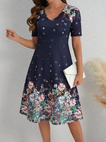 Floral Print V-Neck Short Sleeve Midi Dress