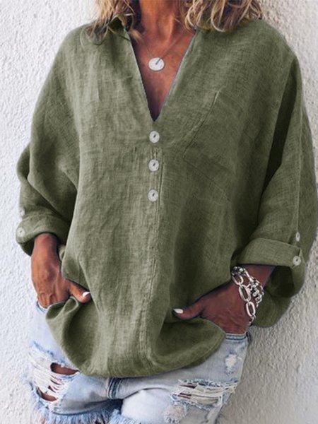 Buttoned V-neck Cotton Long Sleeve Blouse