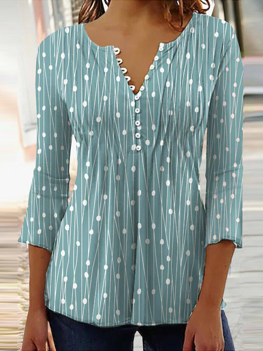 Casual V-neck 3/4 Sleeves Polka Dots Stripes Top