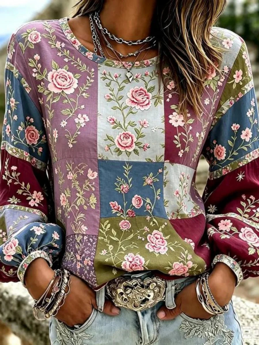 Colour Block Floral Long Sleeve Blouse
